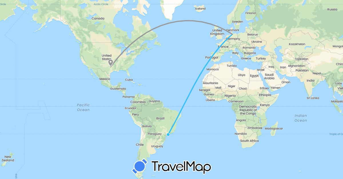 TravelMap itinerary: driving, plane, boat in Brazil, Germany, United States (Europe, North America, South America)